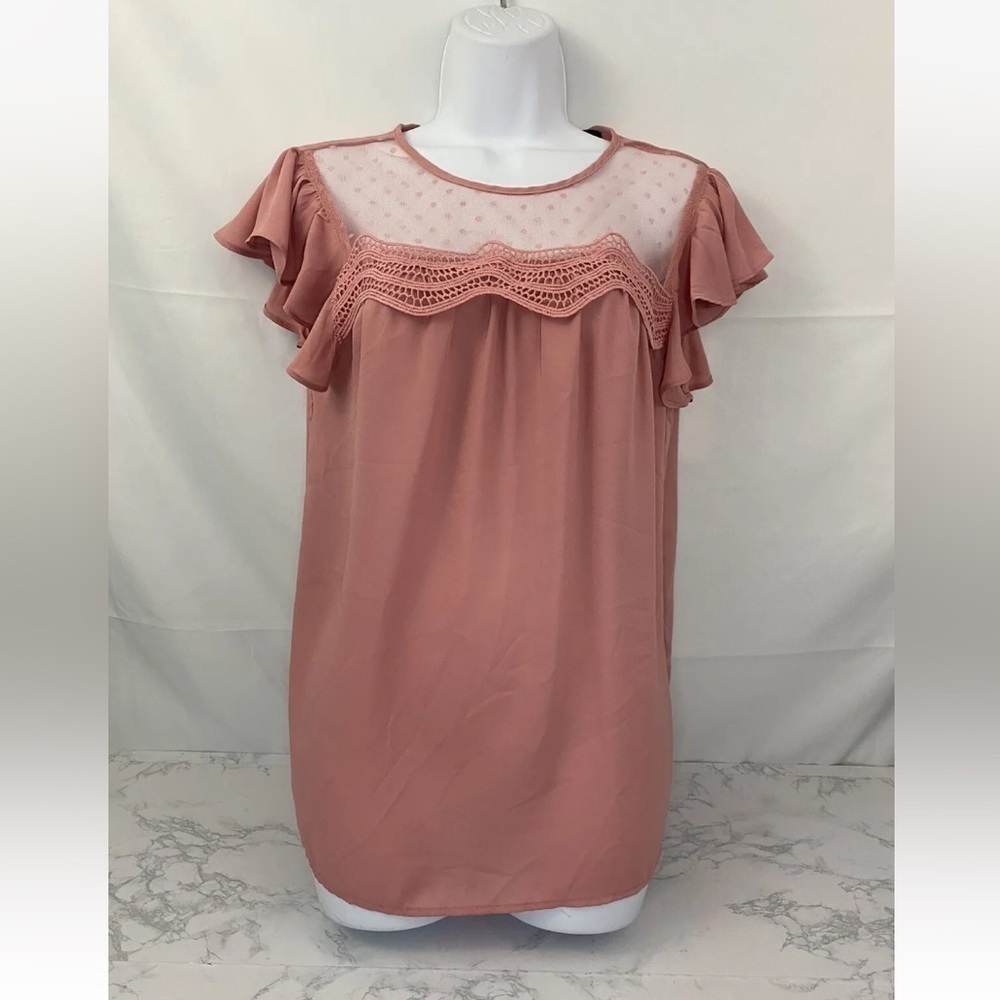 IMPULSIVE Short Sleeve Semi Sheer Top Womens M Pink Crochet Pleated Blouse R‌